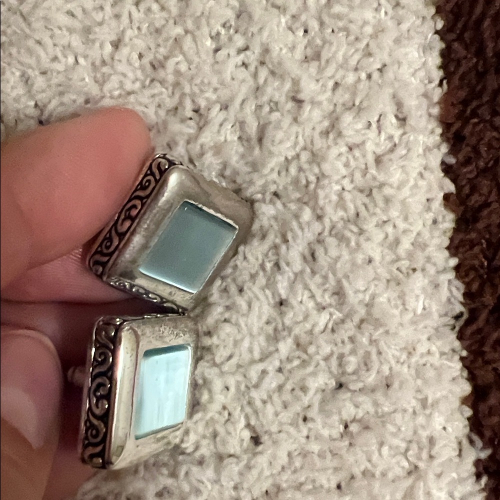 Silver and Blue Square Earrings - Picture 2 of 3